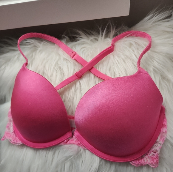 💗 Vintage Victoria’s Secret PINK Push-Up Lace Cross Back Bra, Hot Pink, 34D - Picture 4 of 9